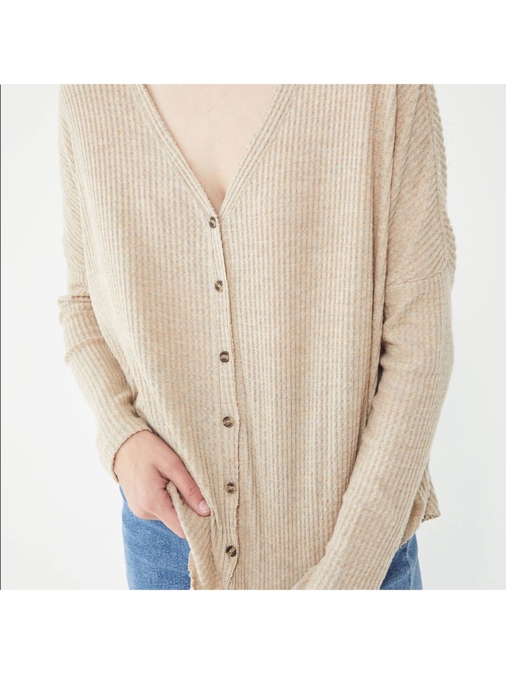 Urban Outfitters Ribbed Beige Button-Front V-Neck Cardigan